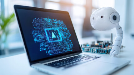 flat lay of ai development tools with laptop displaying digital code for technology design