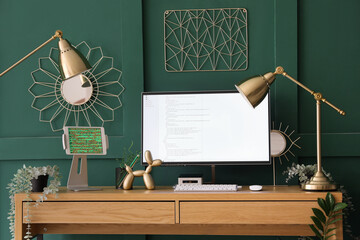 Wall Mural - stylish workplace of programmer with modern computer in office
