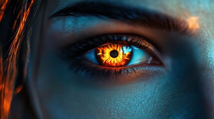 Wall Mural - close-up cyberpunk female eyes glowing neon lights futuristic sci-fi robotic face intense gaze portr