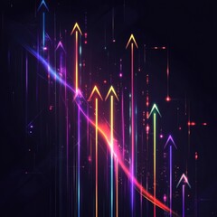 Fototapete - Colorful upward arrows representing growth and progress in a digital abstract design with a dark background and vibrant elements. Generative AI