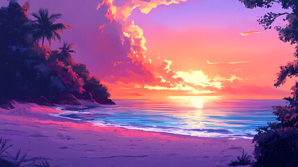 Poster - Tranquil beach scene: capture a tranquil beach scene with clear waters, sandy shores, and a stunning sunset,. Tranquil Beach Horizon. Illustration