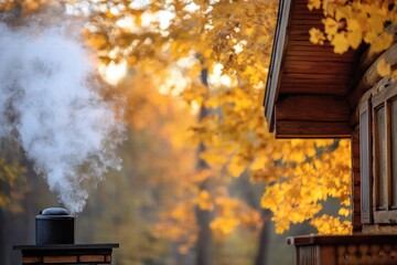Poster - Cozy cabin with smoke rising from the chimney amidst vibrant autumn leaves in a serene forest setting. Generative AI