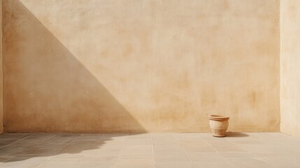 Wall Mural - Beige wall with terracotta pot and shadow.