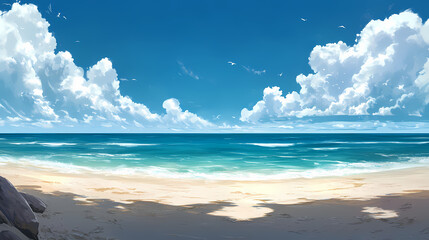 Poster - A serene beach scene featuring soft sand and calm turquoise waters under a bright blue sky, evoking a tranquil coastal atmosphere. Tranquil Beach Horizon. Illustration