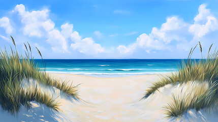 Poster - A serene beach scene featuring soft sand and calm turquoise waters under a bright blue sky, evoking a tranquil coastal atmosphere. Tranquil Beach Horizon. Illustration