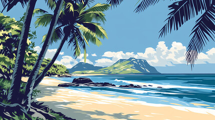 Poster - A tranquil beach scene with palm trees swaying gently in the breeze, crystal-clear waters lapping at the shore, and a distant island on the horizon. Tranquil Beach Horizon. Illustration