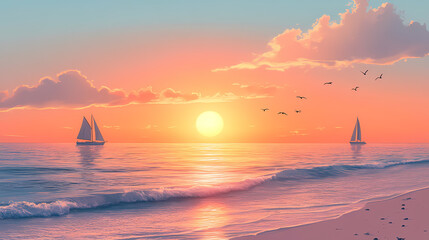 Poster - Beautiful ocean sunset beach sea sunrise seascape scenic vacation vertical, sunset beach with birds rin sky and yacht, summer. Tranquil Beach Horizon. Illustration