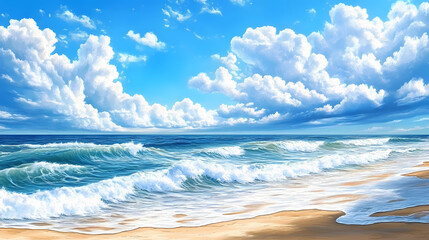 Poster - Beautiful summer beach scene with blue sky, white clouds, ocean waves, and sandy beach. Tranquil Beach Horizon. Illustration