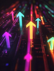 Poster - Colorful digital arrows point upward through a vibrant abstract background reflecting technology and growth. Generative AI