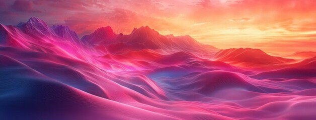 Wall Mural - a surreal landscape where rocky mountains stand against a backdrop of neon, curvy, and colorful line