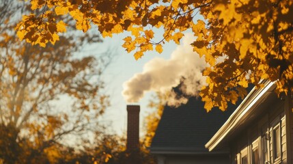 Poster - Warm smoke rises from chimney amid bright autumn leaves in cozy neighborhood setting. Generative AI
