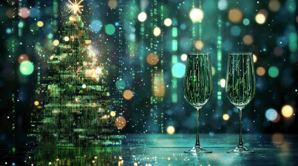 Wall Mural - digital greeting card number text 2025 green technology, christmas and new year, digital code, binar