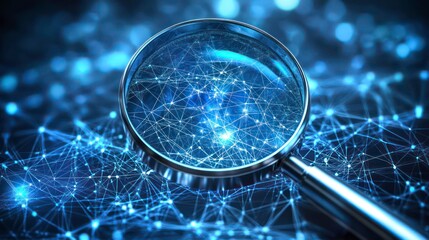 Wall Mural - digital magnifying glass over a blue network of interconnected points and lines, representing data a