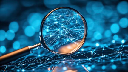 Wall Mural - digital magnifying glass over a blue network of interconnected points and lines, representing data a