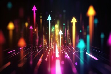 Fototapete - Colorful arrows of light representing growth and progress in a digital space at night. Generative AI