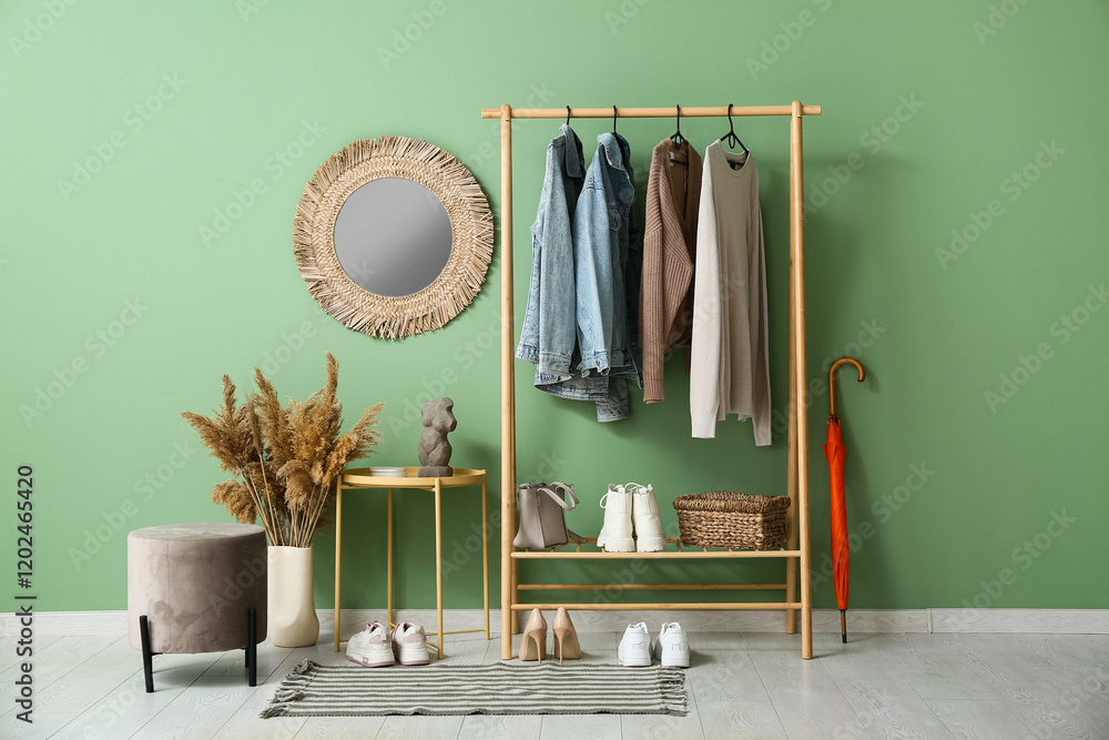 Rack with stylish clothes and mirror in interior of hallway