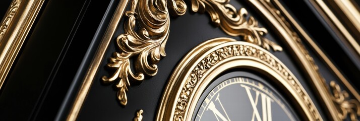 Leinwandbilder - Elegant wall clock with intricate golden decorations and Roman numerals showcasing timeless craftsmanship in close up view. Generative AI