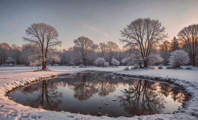 Poster - A pond with snow on the trees and a reflection of the trees in the water. The scene is peaceful and serene