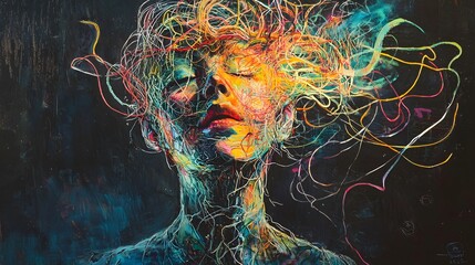 Wall Mural - A vibrant, abstract portrait of a woman with colorful, flowing lines representing emotions.