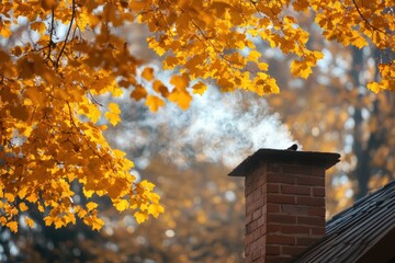 Fototapete - Chimney smoke rises in a cozy autumn setting among vibrant orange leaves. Generative AI
