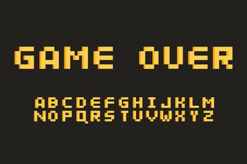 Pixel font for a video game.  Game font, letters of the alphabet, numbers. Old retro game, 8 bit.
Vector.