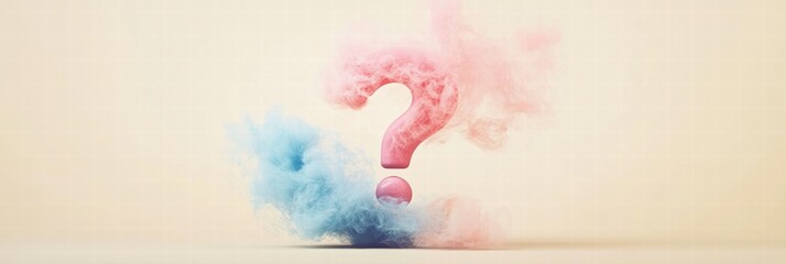Poster - Clouds of pink and blue smoke blend into a question mark shape against a soft background. Generative AI