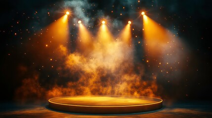 Wall Mural - Free stage with lights and smoke, Empty stage with gold yellow spotlights, conser, show, party, Presentation concept.. orange spotlight strike on black background.banner design.empty gold podium stage