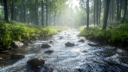 Canvas Print - Sunlit Stream Flows Through Misty Forest Trees