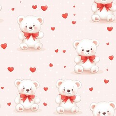 Poster - Cute teddy bear pattern with red hearts on a soft pink background ideal for childrens decor and textiles. Generative AI