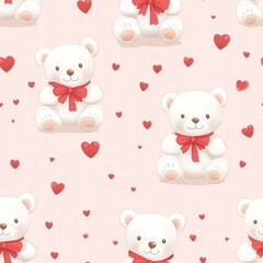 Poster - Cute teddy bears with red bows and hearts on a soft pink background for childrens decor and celebrations. Generative AI