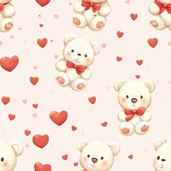 Poster - Cute teddy bears with red bows and hearts create a cheerful pattern on a light background. Generative AI