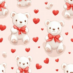 Poster - Cute white teddy bears with red bows and hearts on a pink background create a cheerful design for children. Generative AI