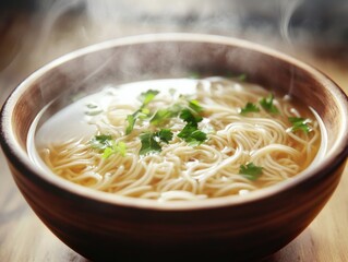 Wall Mural - Rice noodle soup in a bowl. Featuring a steaming bowl of rice noodle soup. Highlighting the comfort and flavor of traditional Asian cuisine. Ideal for culinary and comfort food visuals.