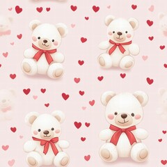 Poster - Cute bears with red bows surrounded by hearts on a soft pink background. Generative AI