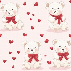 Poster - Cute teddy bears surrounded by hearts in a playful pattern on a soft pink background. Generative AI