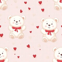 Leinwandbilder - Cute bears with red bows surrounded by hearts create a playful and charming pattern on a light pink background. Generative AI