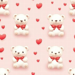 Poster - Cute bear pattern with red hearts on a soft pink background ideal for crafts and decorations. Generative AI