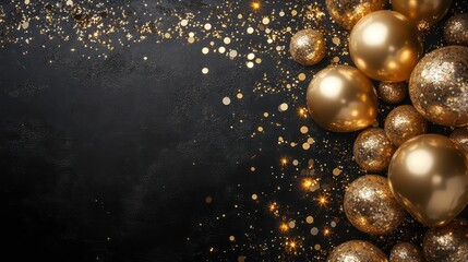 Wall Mural - gold balloons and confetti on black background for festive occasions