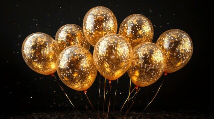 Wall Mural - gold balloons and confetti on black background for festive occasions