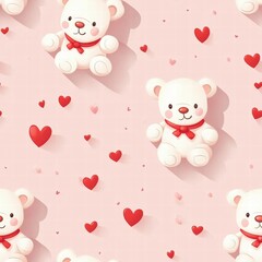 Leinwandbilder - Cute white teddy bears and red hearts create a charming pattern on a soft pink background. Generative AI