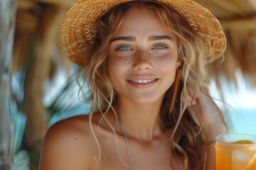 Girl enjoying refreshing drinks on a sunny summer day by the beach