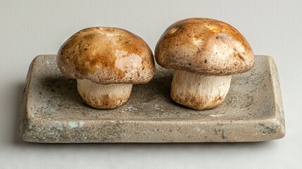 Wall Mural -   A pair of mushrooms perched on a stone platter atop a white-covered countertop, surrounded by a white wall backdrop