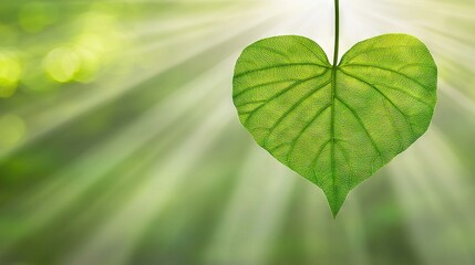 Poster -   A green heart-shaped leaf hangs from a string against a bright green backdrop, with rays of sunlight filtering through the foliage