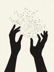 Aufkleber - Silhouettes of hands reaching out to connect lines and dots representing networking and collaboration concepts. Generative AI
