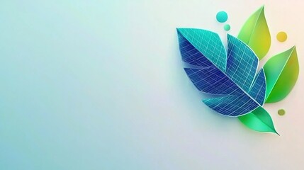 Wall Mural -   Green leaf on blue-white background with bubbles in bottom corner