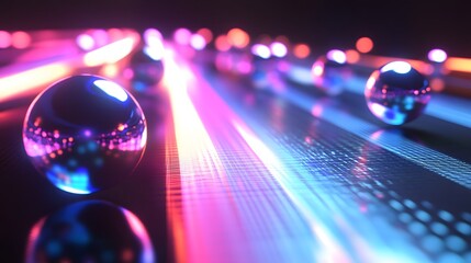Wall Mural - reflective spheres illuminate neon light trails