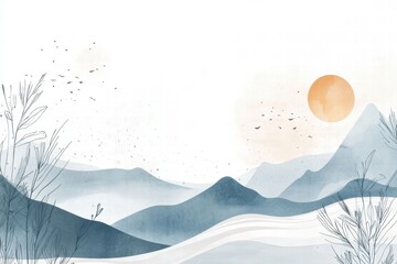Poster - Nature inspired planner layout featuring abstract mountains, sun, and clouds for a peaceful organization experience. Generative AI