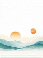 Aufkleber - Simple planner layout featuring abstract nature elements with sun, clouds, and mountains in a tranquil design. Generative AI