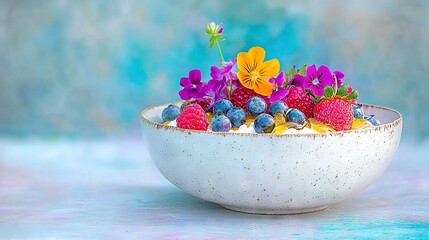 Wall Mural -   A bowl of fruit and flowers sits atop a blue and white tablecloth, set against a backdrop of blue walls