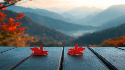 Wall Mural - Autumn Serenity: Two Maple Leaves on a Mountain View